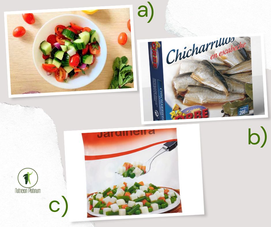 Ensalada Mediterránea con chicharrillas en conserva y ensaladilla a la jardinera.